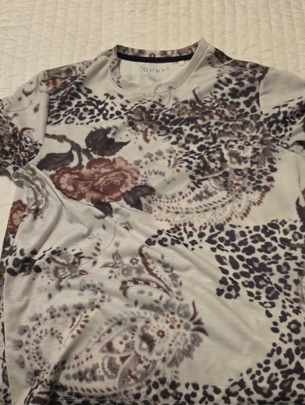 GUESS Cream Short Sleeve Tee with Brown Floral & Leopard Print